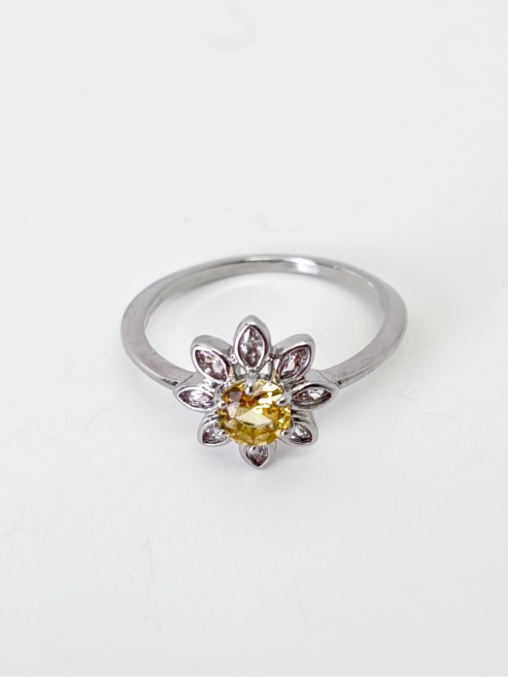 Sterling Silver Daisy Ring with Yellow Center Stone Cubic Zircon